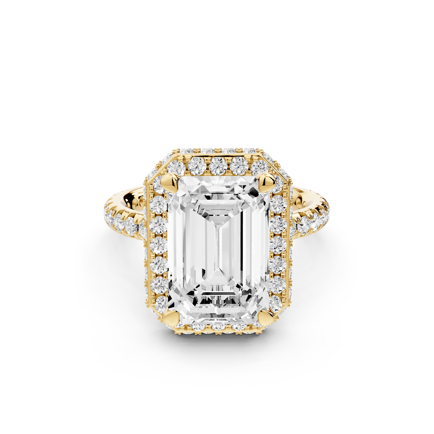 Amelie - 4ct 14k yellow gold emerald Diamond with Rollover Halo and Pavé Engagement Ring