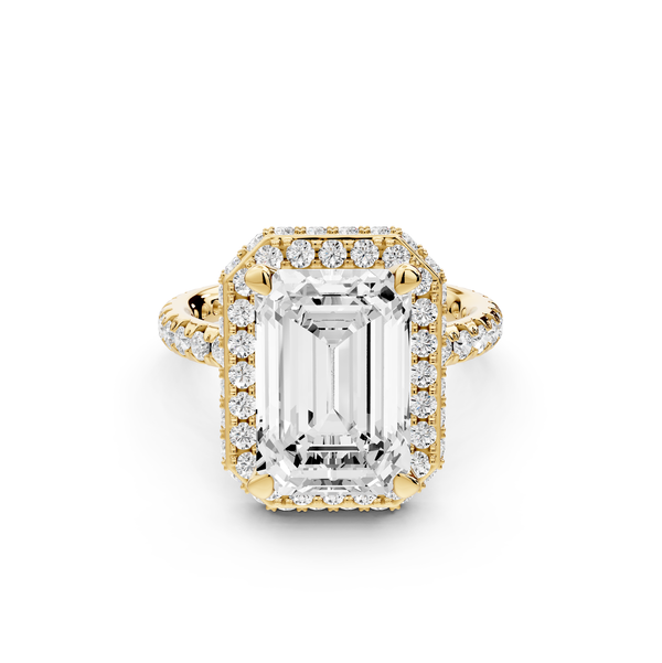Amelie - 4ct 14k yellow gold emerald Diamond with Rollover Halo and Pavé Engagement Ring