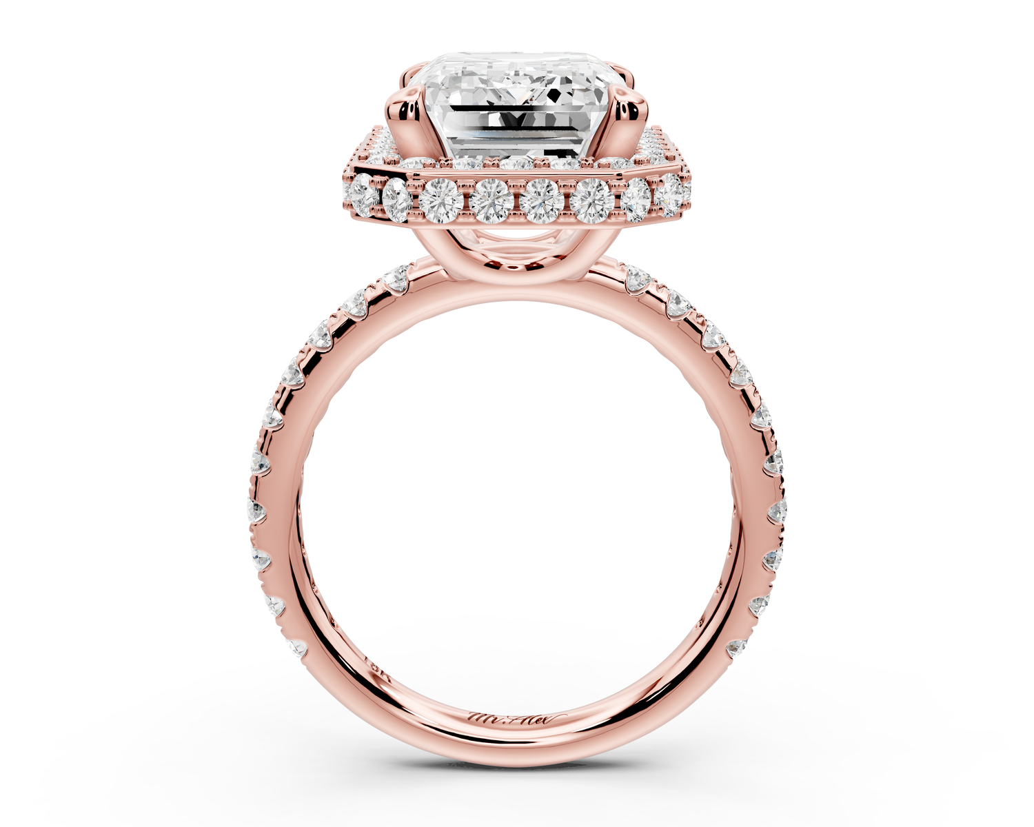 Amelie - 5ct 14k rose gold emerald Diamond with Rollover Halo and Pavé Engagement Ring