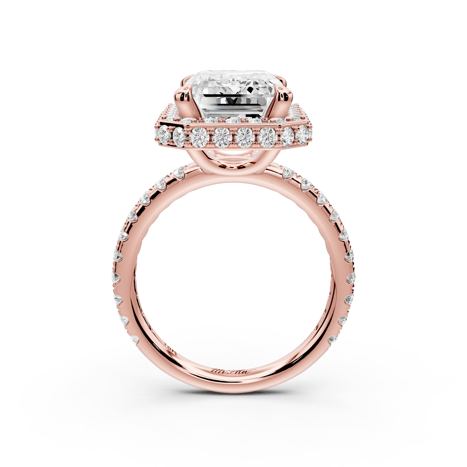 Amelie - 5ct 14k rose gold emerald Diamond with Rollover Halo and Pavé Engagement Ring