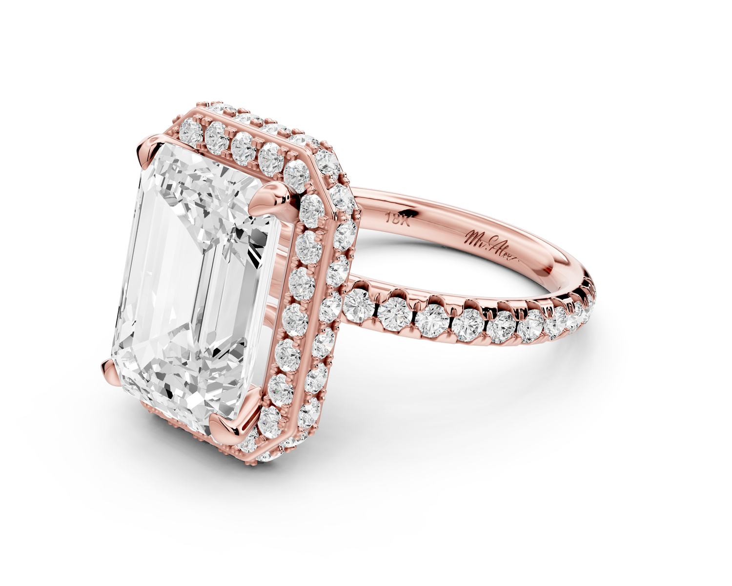 Amelie - 5ct 14k rose gold emerald Diamond with Rollover Halo and Pavé Engagement Ring