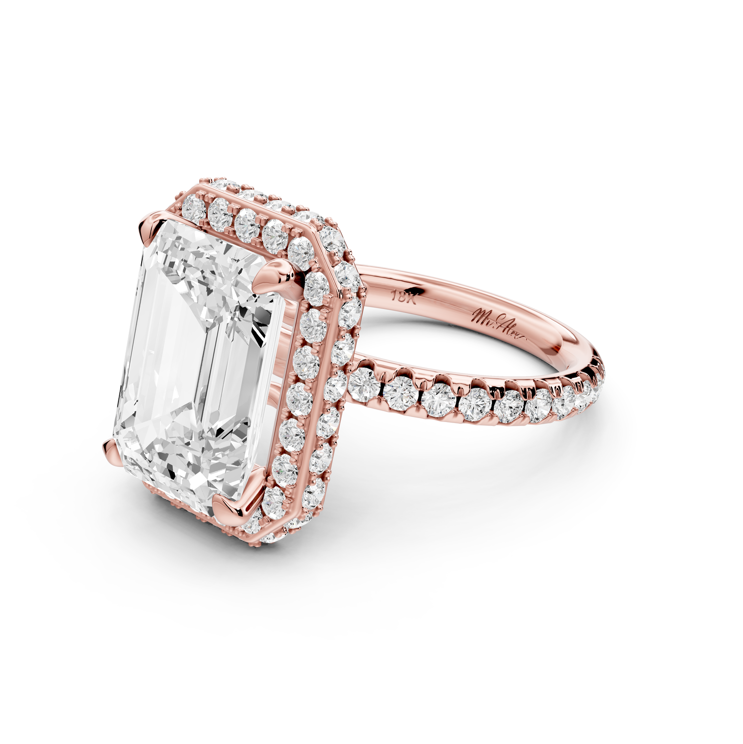 Amelie - 5ct 14k rose gold emerald Diamond with Rollover Halo and Pavé Engagement Ring