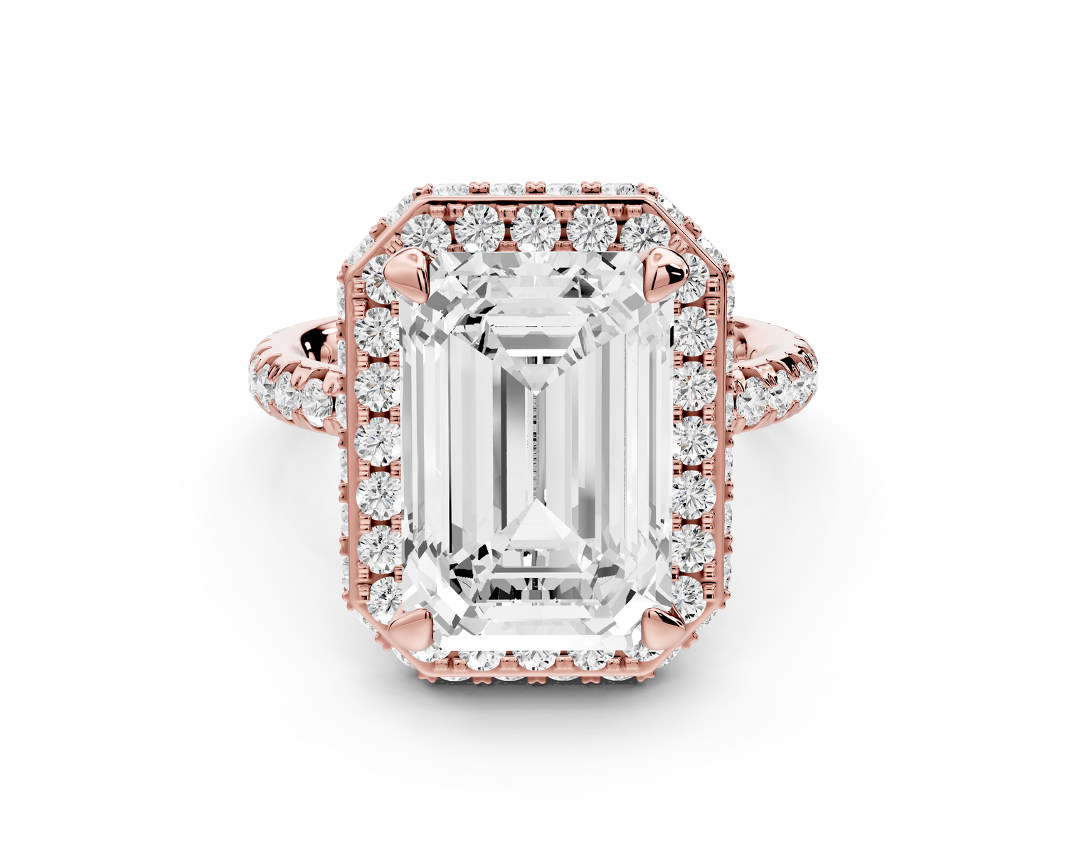 Amelie - 5ct 14k rose gold emerald Diamond with Rollover Halo and Pavé Engagement Ring
