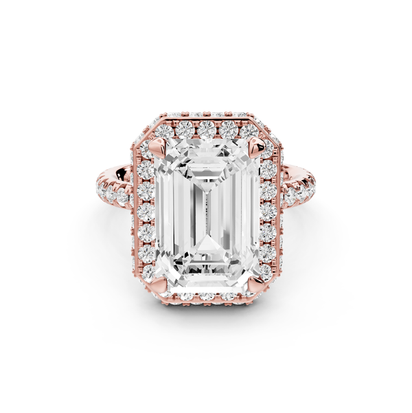 Amelie - 5ct 14k rose gold emerald Diamond with Rollover Halo and Pavé Engagement Ring