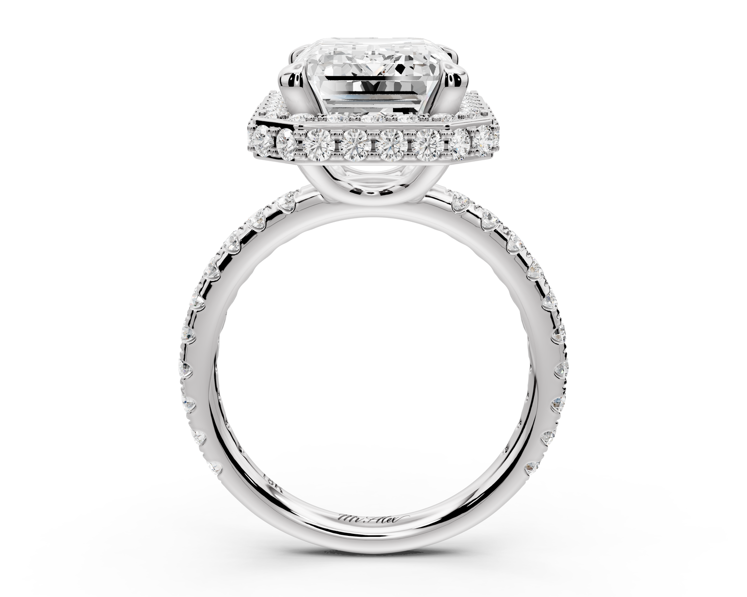 Amelie - 5ct 14k white gold emerald Diamond with Rollover Halo and Pavé Engagement Ring