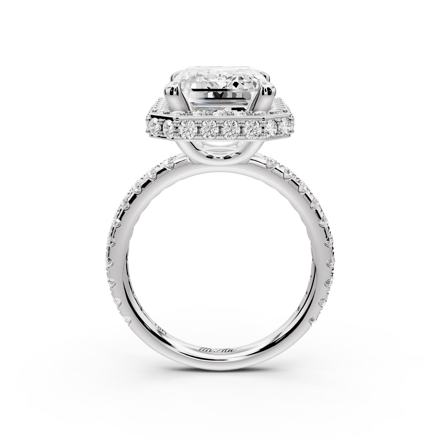 Amelie - 5ct 14k white gold emerald Diamond with Rollover Halo and Pavé Engagement Ring