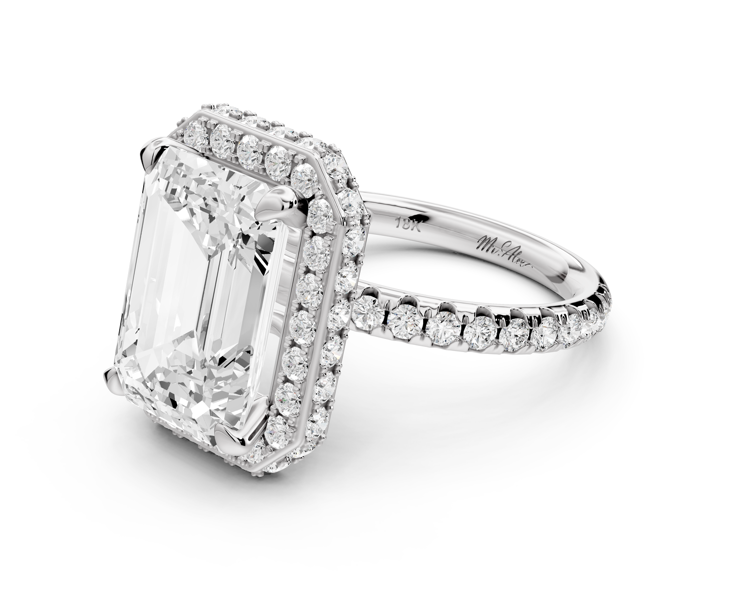 Amelie - 5ct 14k white gold emerald Diamond with Rollover Halo and Pavé Engagement Ring