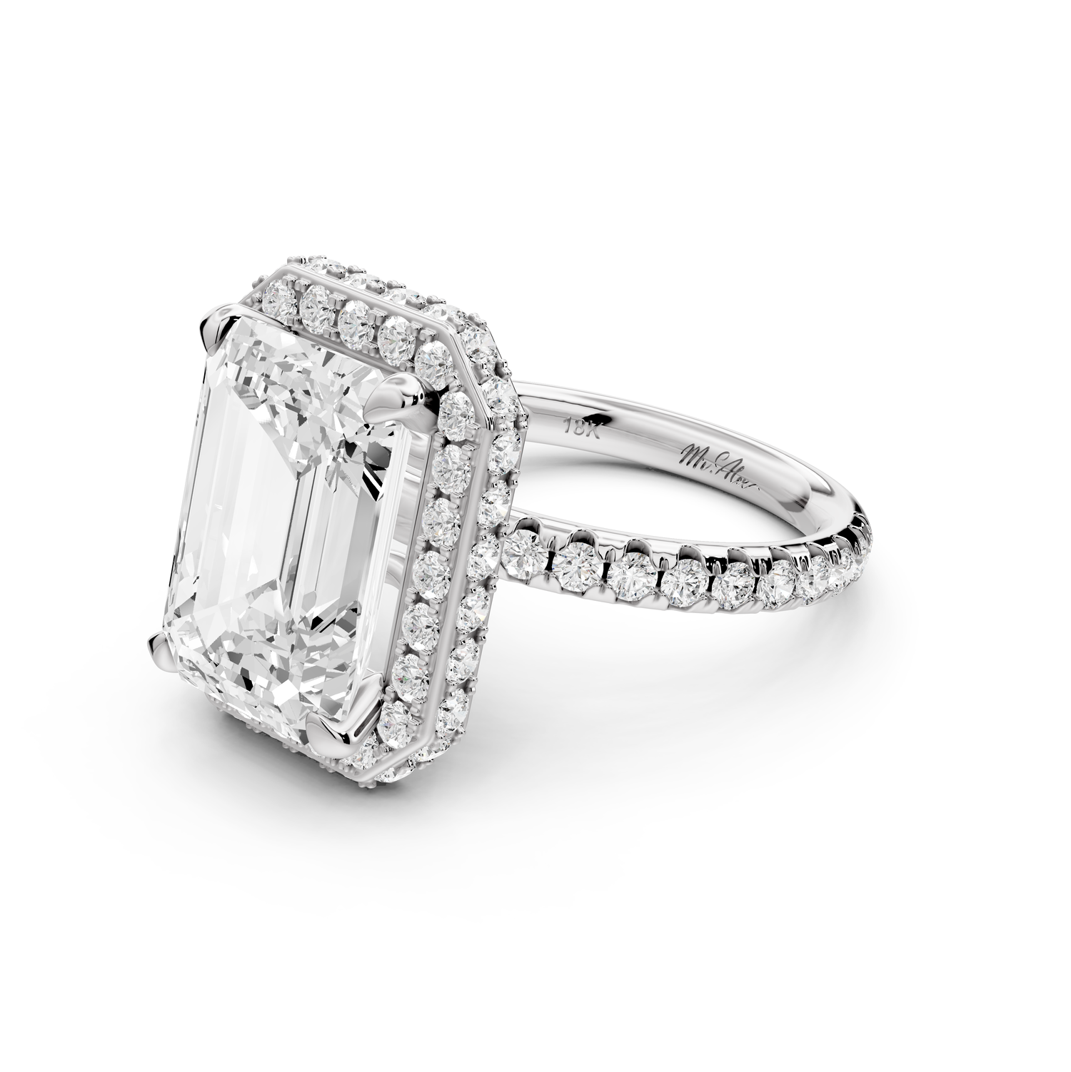 Amelie - 5ct 14k white gold emerald Diamond with Rollover Halo and Pavé Engagement Ring