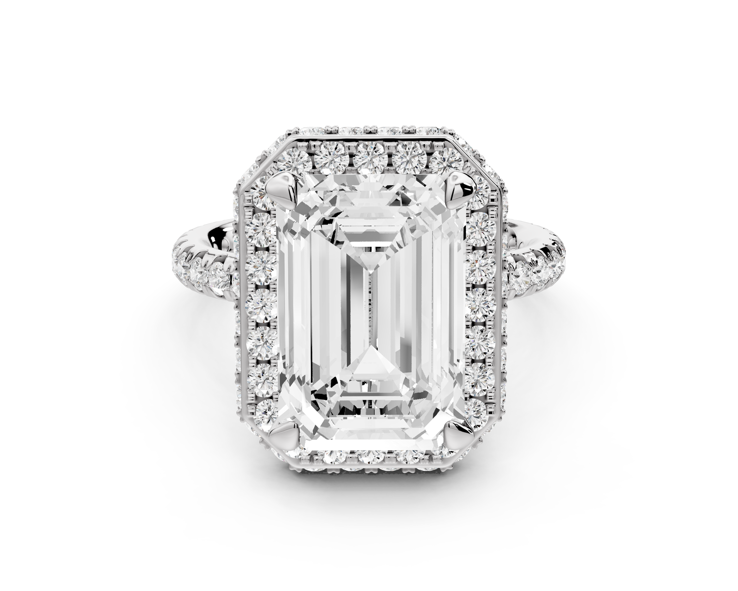 Amelie - 5ct 14k white gold emerald Diamond with Rollover Halo and Pavé Engagement Ring