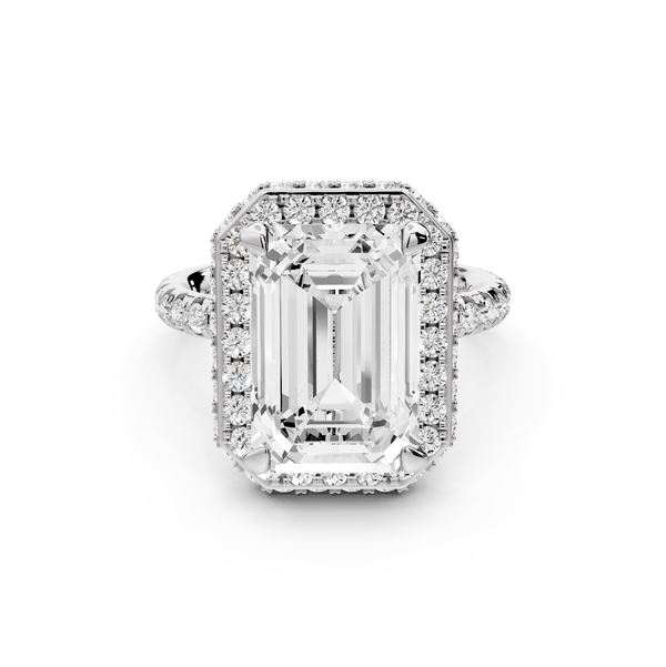 Amelie - 5ct 14k white gold emerald Diamond with Rollover Halo and Pavé Engagement Ring