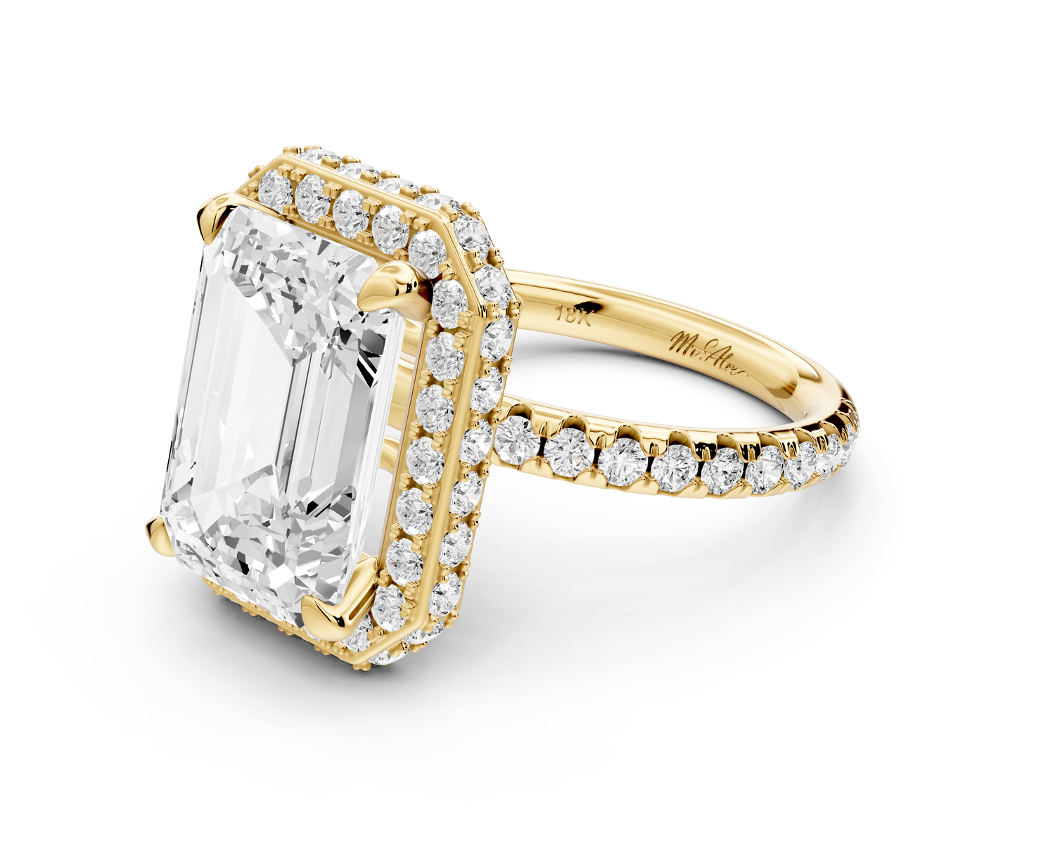 Amelie - 5ct 14k yellow gold emerald Diamond with Rollover Halo and Pavé Engagement Ring