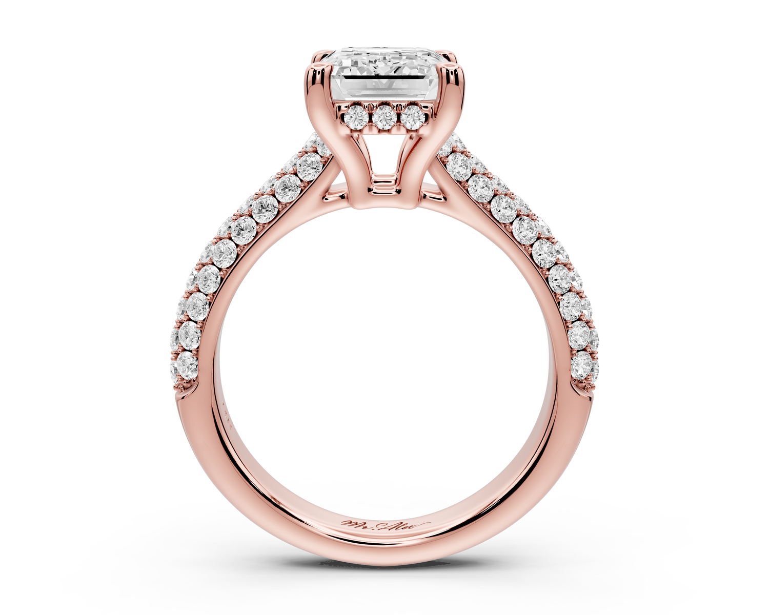 Camille - 2ct 14k rose gold emerald Diamond hidden halo rollover pave cathedral Engagement ring