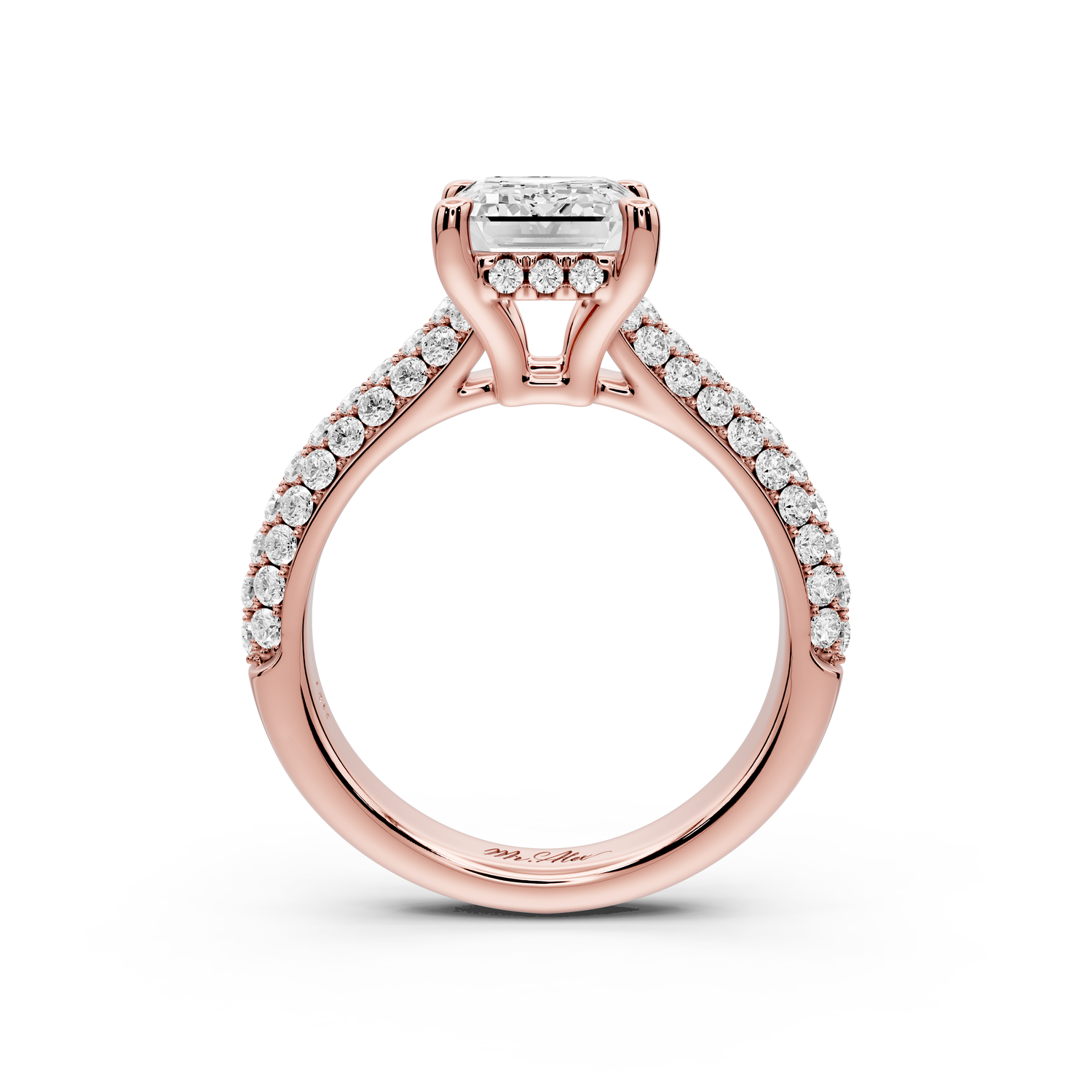 Camille - 2ct 14k rose gold emerald Diamond hidden halo rollover pave cathedral Engagement ring