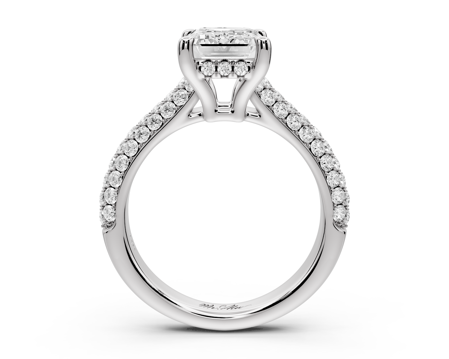 Camille - 2ct 14k white gold emerald Diamond hidden halo rollover pave cathedral Engagement ring