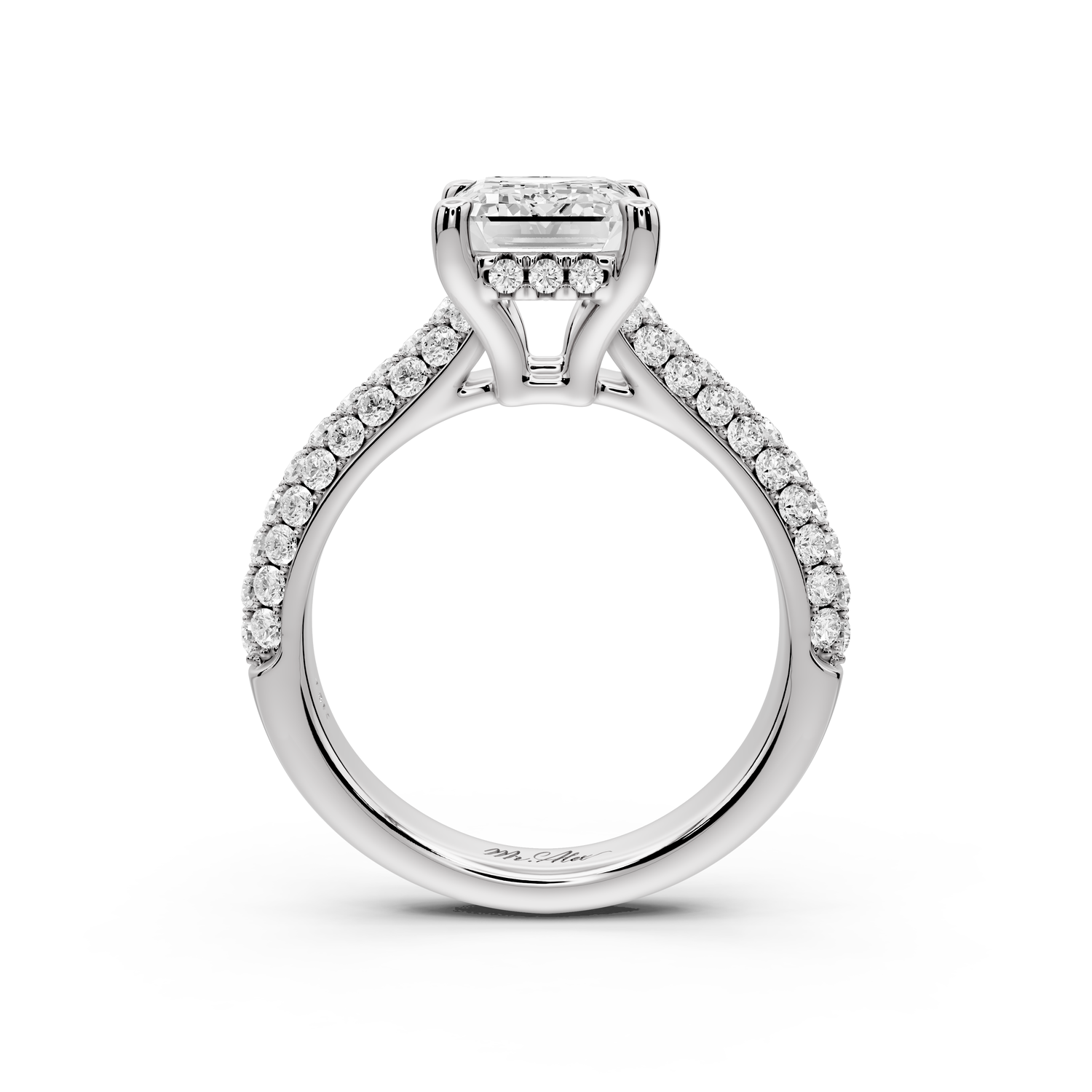Camille - 2ct 14k white gold emerald Diamond hidden halo rollover pave cathedral Engagement ring
