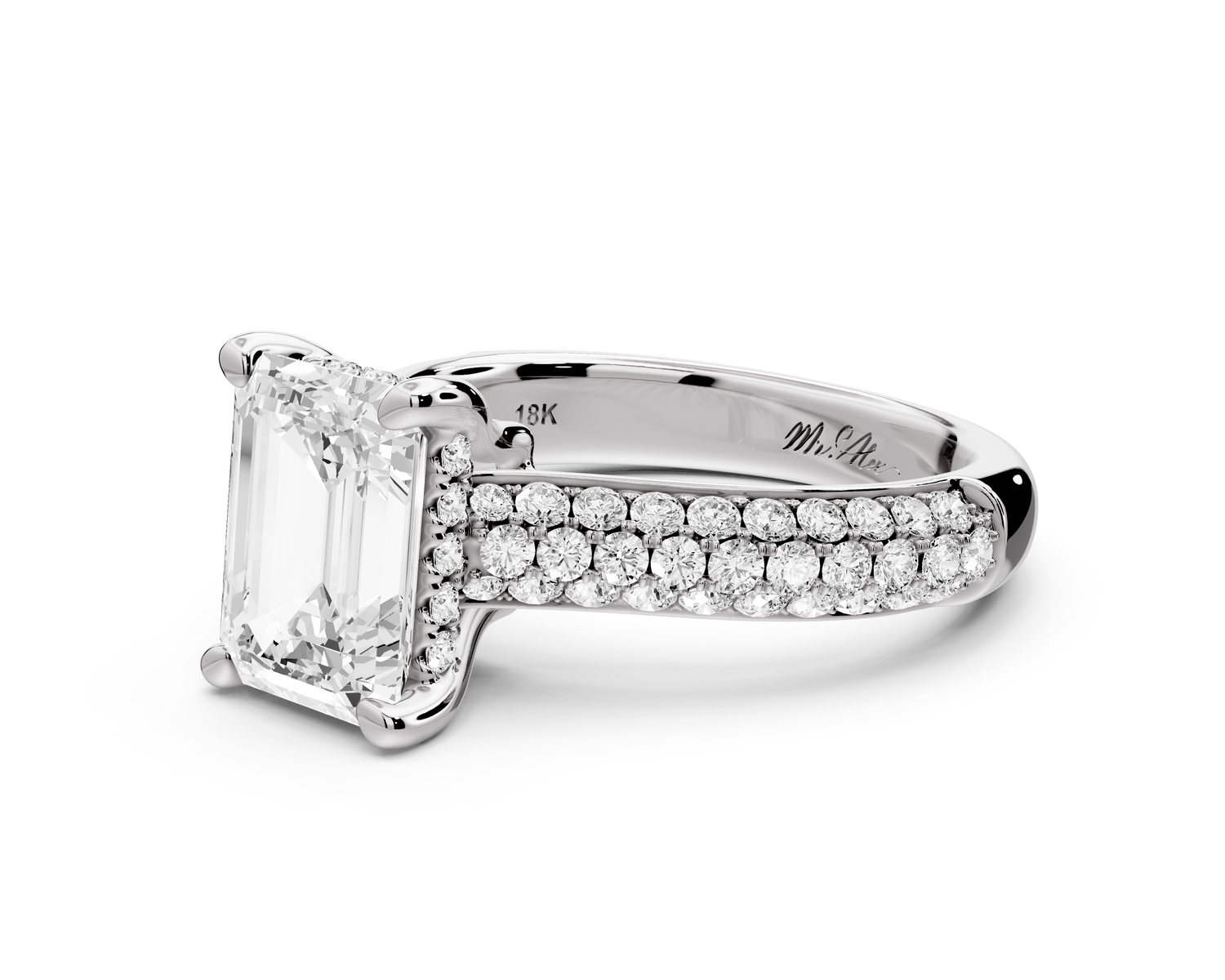 Camille - 2ct 14k white gold emerald Diamond hidden halo rollover pave cathedral Engagement ring
