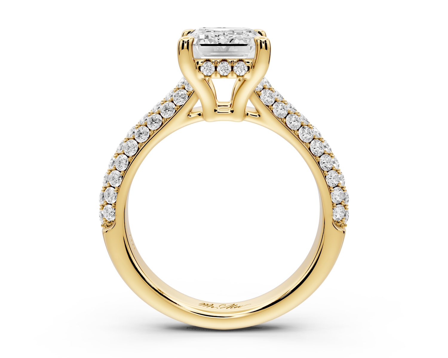 Camille - 2ct 14k yellow gold emerald Diamond hidden halo rollover pave cathedral Engagement ring