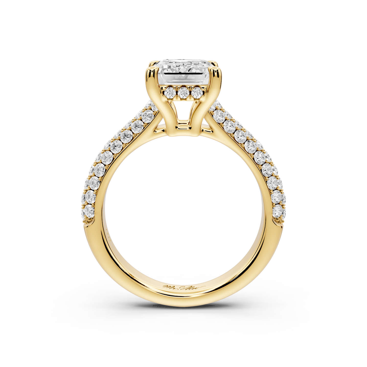 Camille - 2ct 14k yellow gold emerald Diamond hidden halo rollover pave cathedral Engagement ring