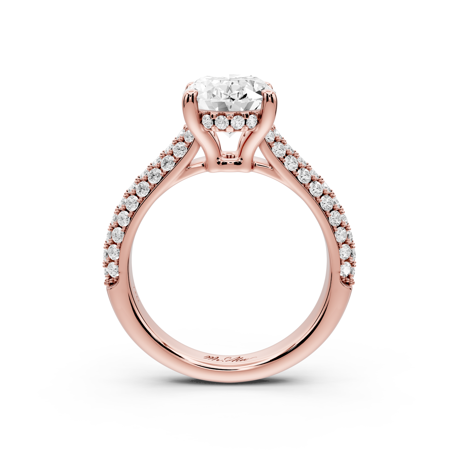 Camille - 2ct 14k rose gold oval Diamond hidden halo rollover pave cathedral Engagement ring