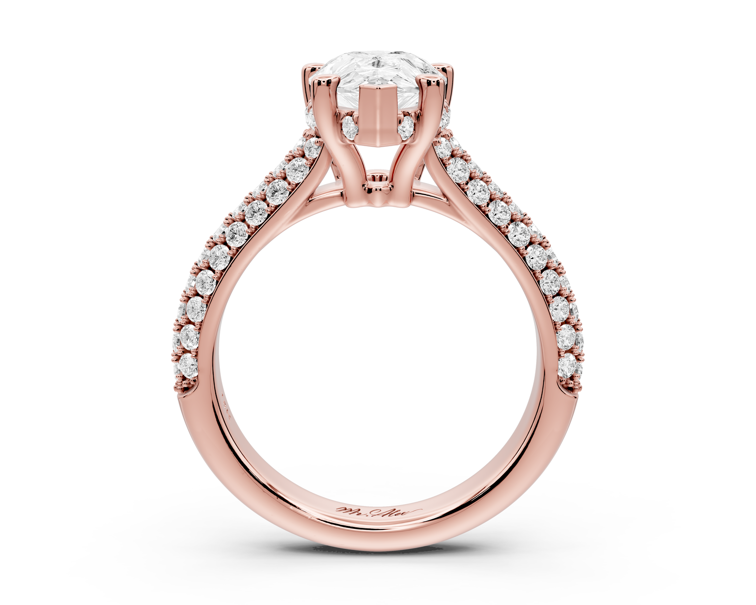 Camille - 2ct 14k rose gold pear Diamond hidden halo rollover pave cathedral Engagement ring