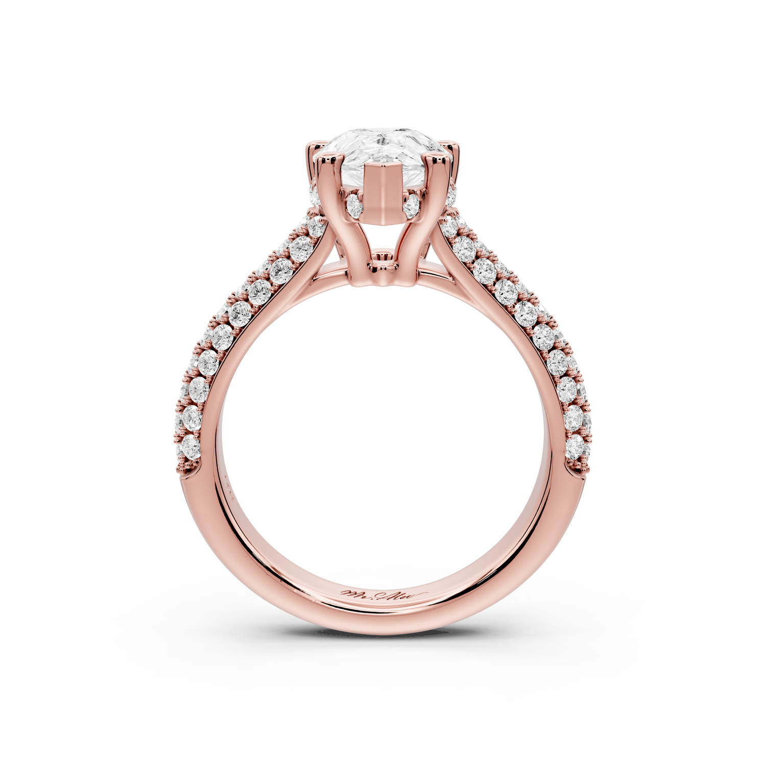 Camille - 2ct 14k rose gold pear Diamond hidden halo rollover pave cathedral Engagement ring
