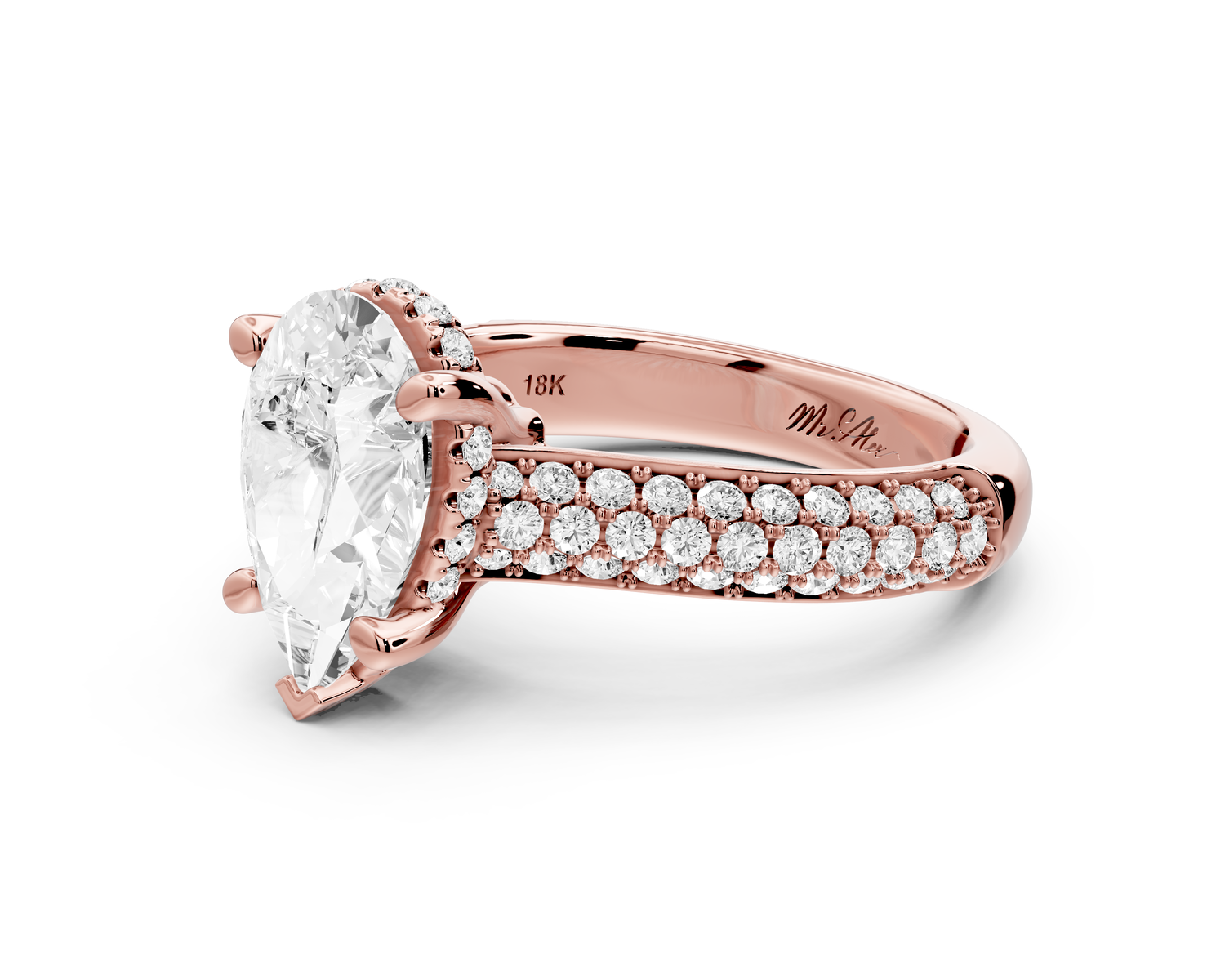 Camille - 2ct 14k rose gold pear Diamond hidden halo rollover pave cathedral Engagement ring