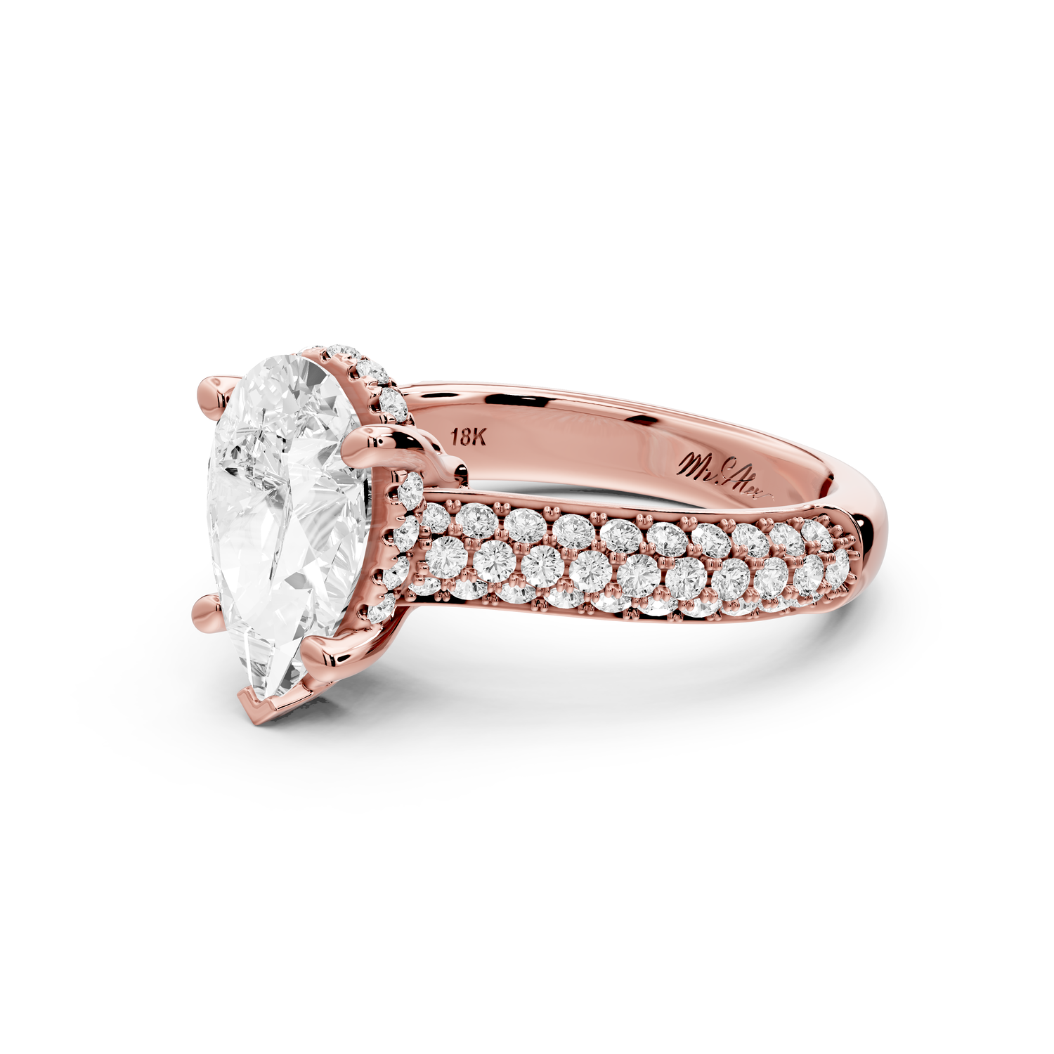Camille - 2ct 18k rose gold pear Diamond hidden halo rollover pave cathedral Engagement ring