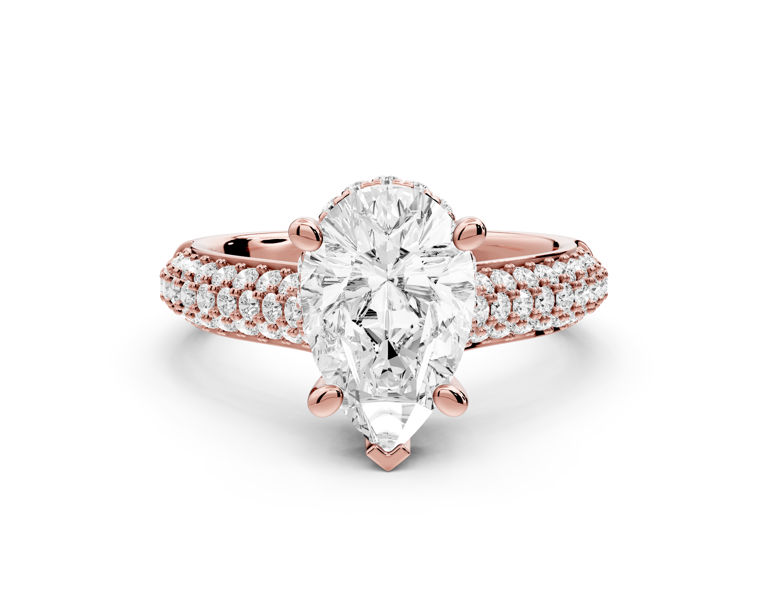 Camille - 2ct 14k rose gold pear Diamond hidden halo rollover pave cathedral Engagement ring