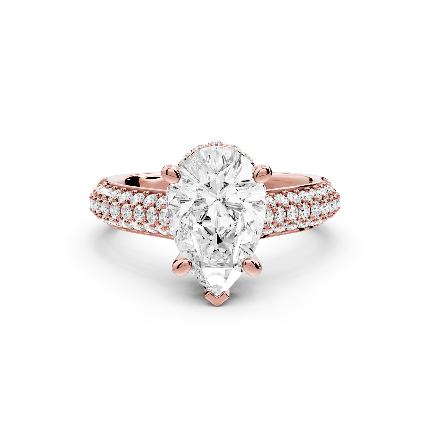 Camille - 2ct 18k rose gold pear Diamond hidden halo rollover pave cathedral Engagement ring