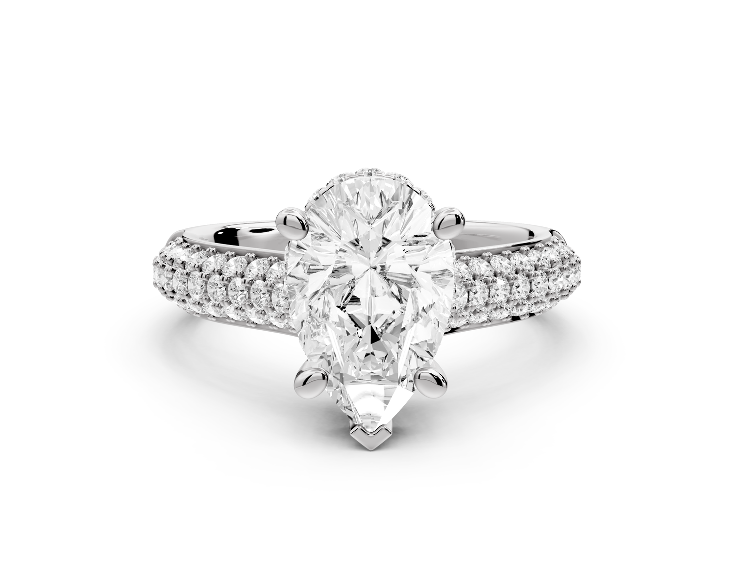 Camille - 2ct 14k white gold pear Diamond hidden halo rollover pave cathedral Engagement ring