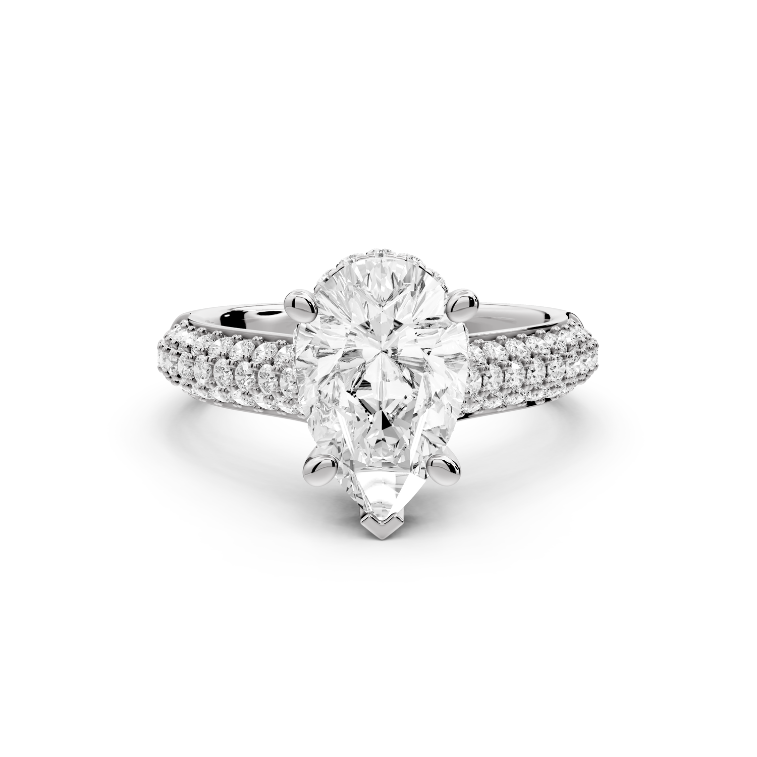 Camille - 2ct 14k white gold pear Diamond hidden halo rollover pave cathedral Engagement ring
