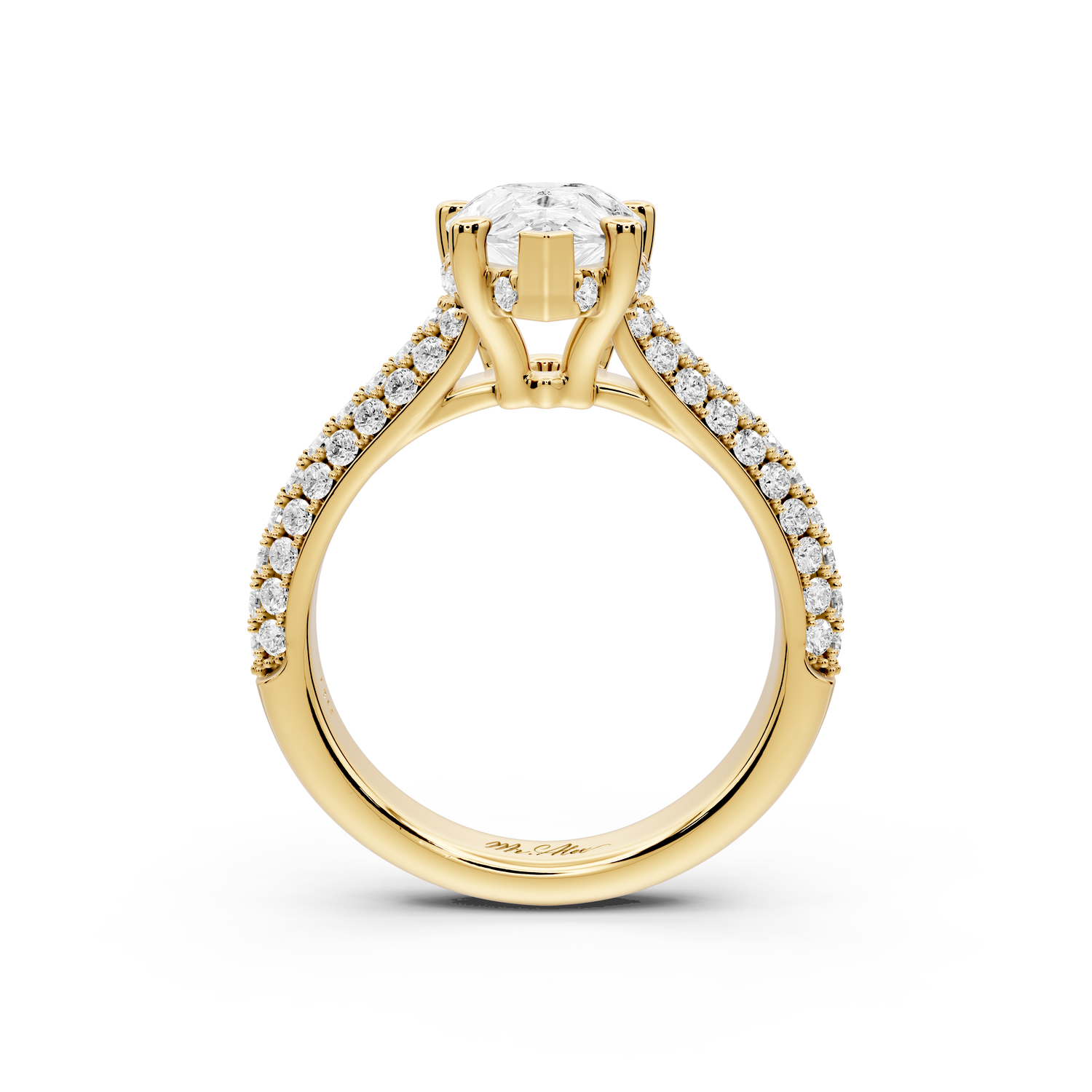 Camille - 2ct 14k yellow gold pear Diamond hidden halo rollover pave cathedral Engagement ring