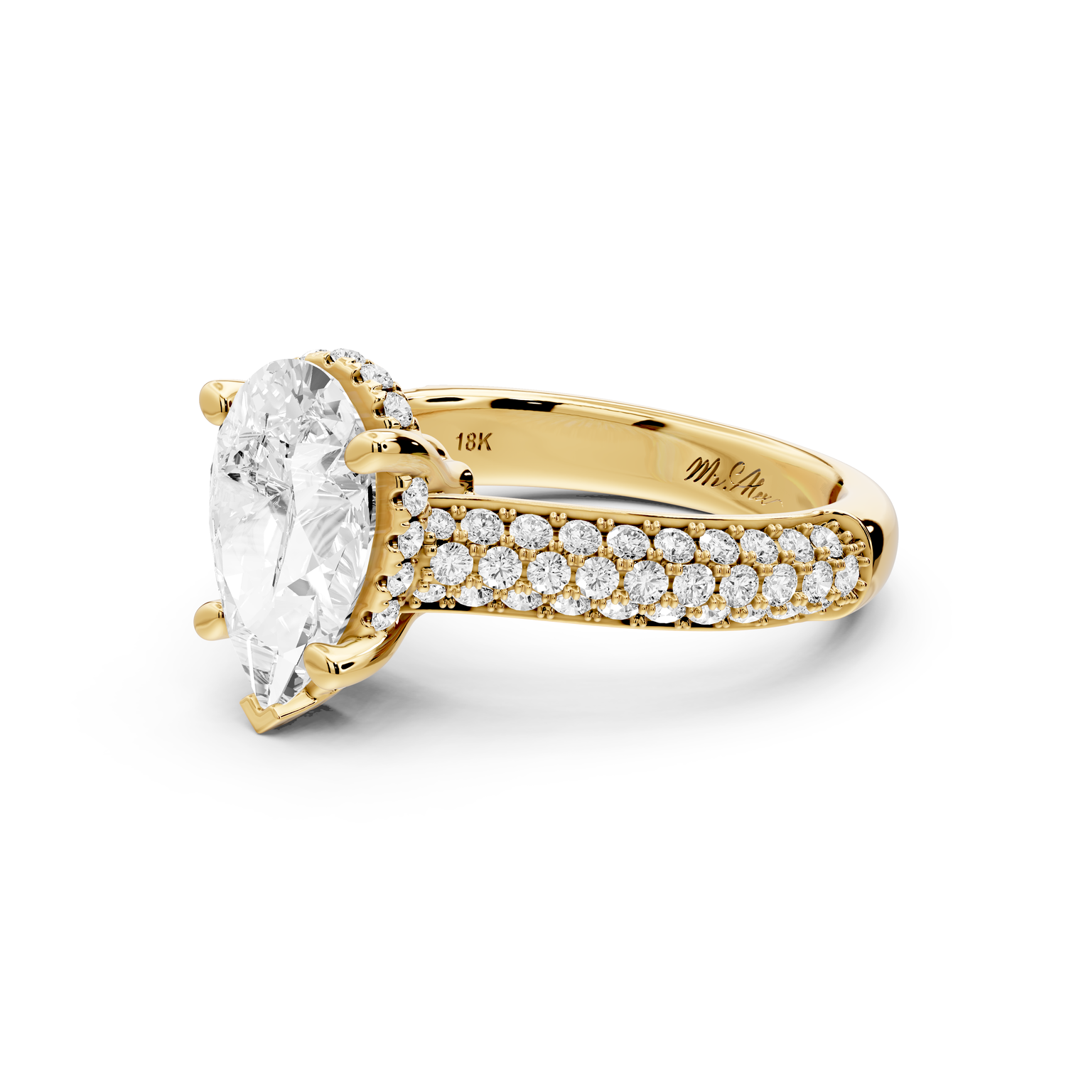 Camille - 2ct 18k yellow gold pear Diamond hidden halo rollover pave cathedral Engagement ring