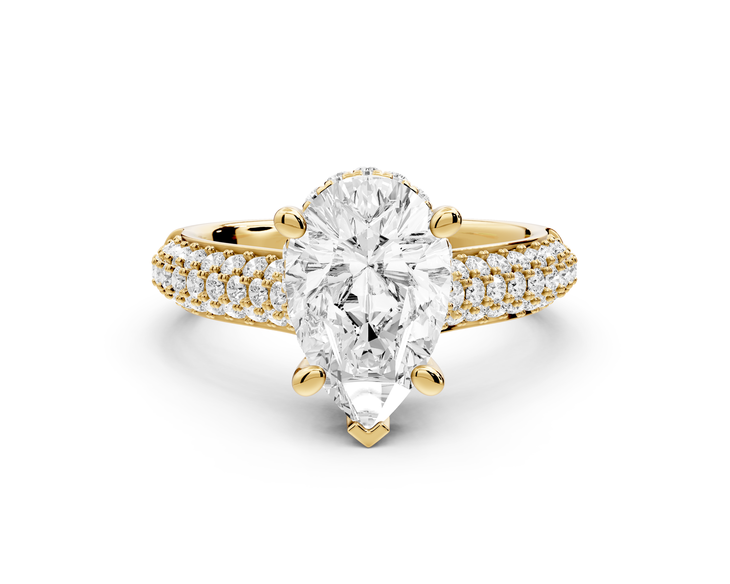 Camille - 2ct 14k yellow gold pear Diamond hidden halo rollover pave cathedral Engagement ring