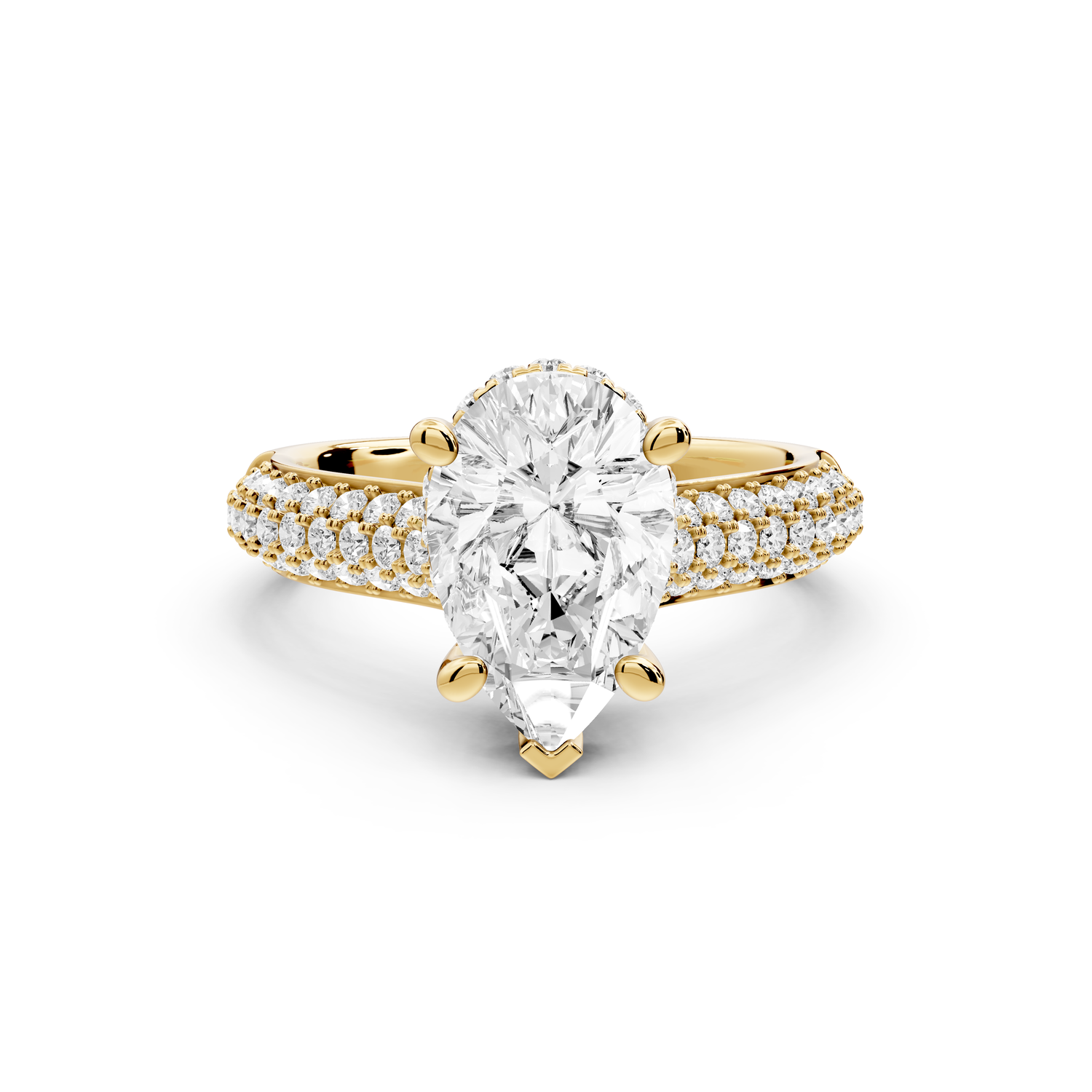 Camille - 2ct 14k yellow gold pear Diamond hidden halo rollover pave cathedral Engagement ring