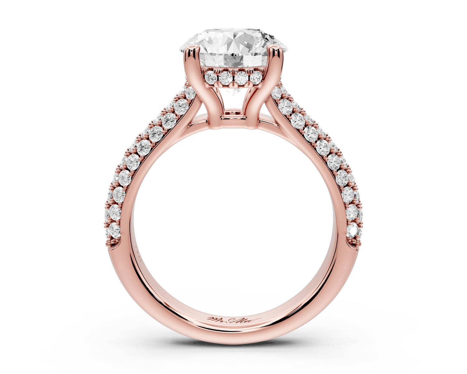 Camille - 2ct 14k rose gold round Diamond hidden halo rollover pave cathedral engagment ring