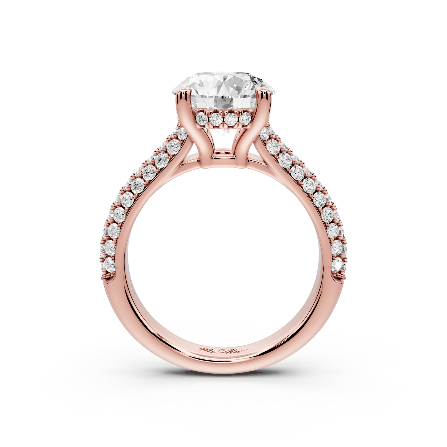Camille - 2ct 14k rose gold round Diamond hidden halo rollover pave cathedral engagment ring