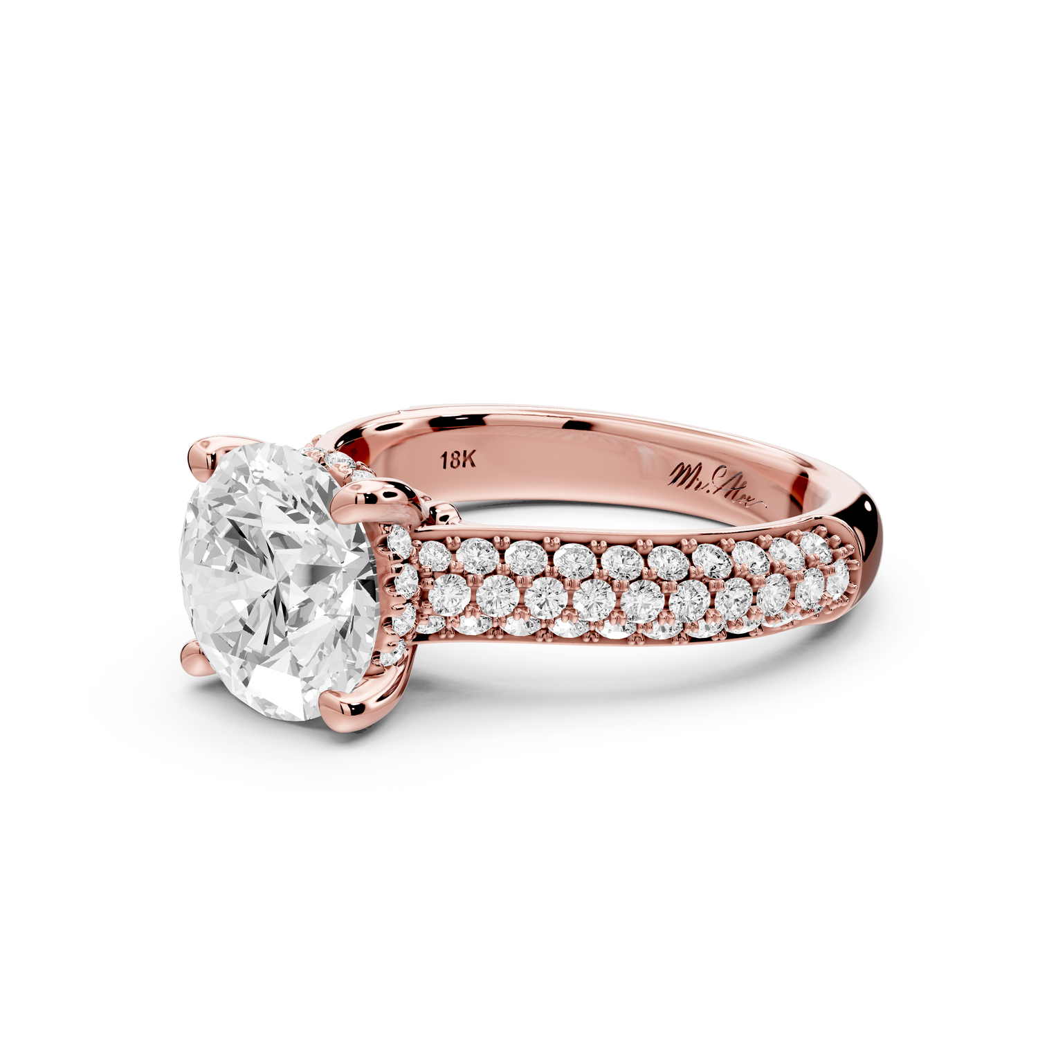 Camille - 2ct 14k rose gold round Diamond hidden halo rollover pave cathedral engagment ring