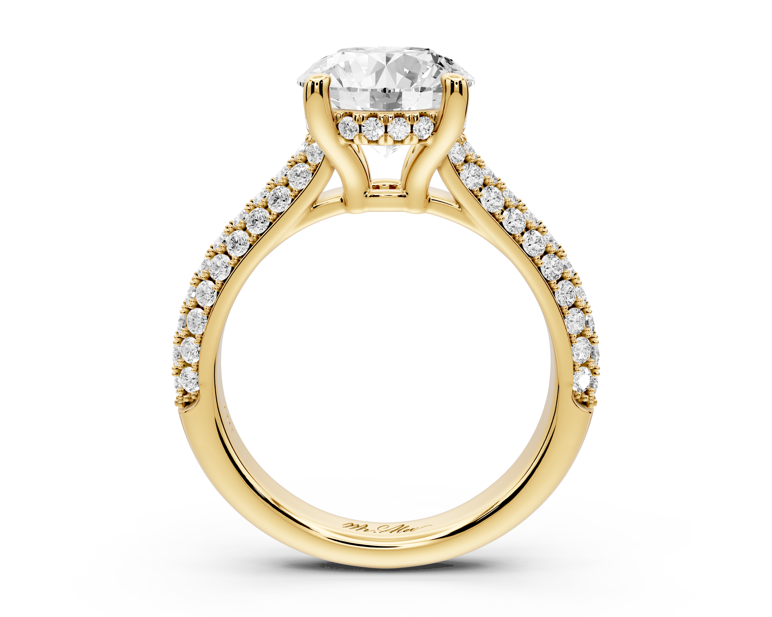 Camille - 2ct 14k yellow gold round Diamond hidden halo rollover pave cathedral engagment ring