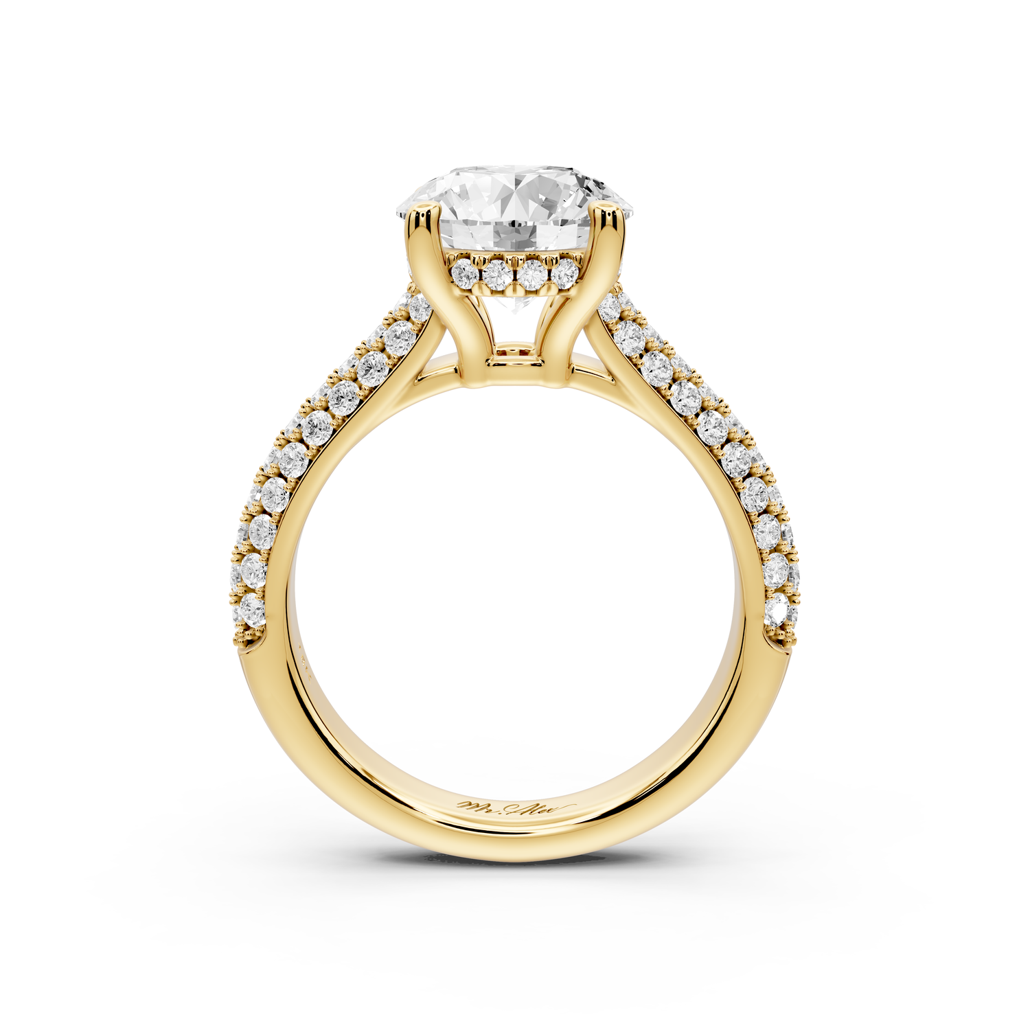 Camille - 2ct 14k yellow gold round Diamond hidden halo rollover pave cathedral engagment ring