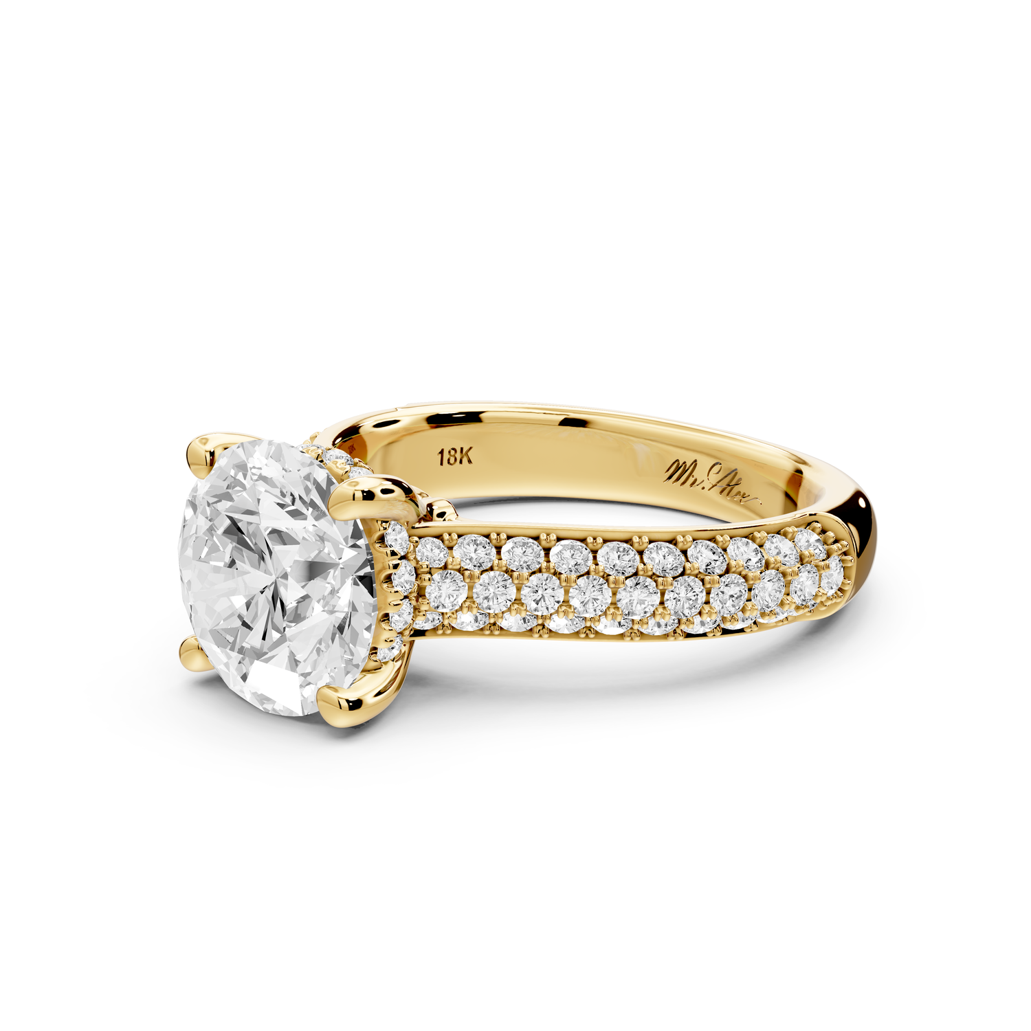Camille - 2ct 14k yellow gold round Diamond hidden halo rollover pave cathedral engagment ring