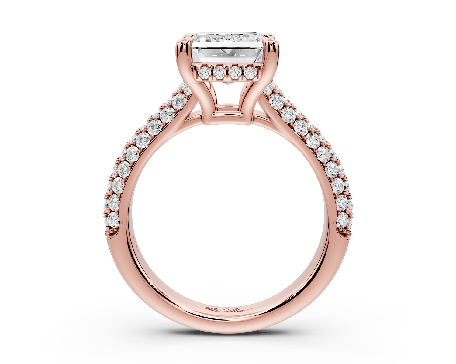 Camille - 3ct 14k rose gold emerald Diamond hidden halo rollover pave cathedral Engagement ring