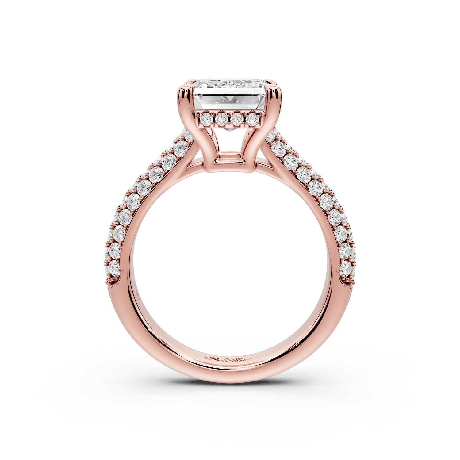 Camille - 3ct 14k rose gold emerald Diamond hidden halo rollover pave cathedral Engagement ring