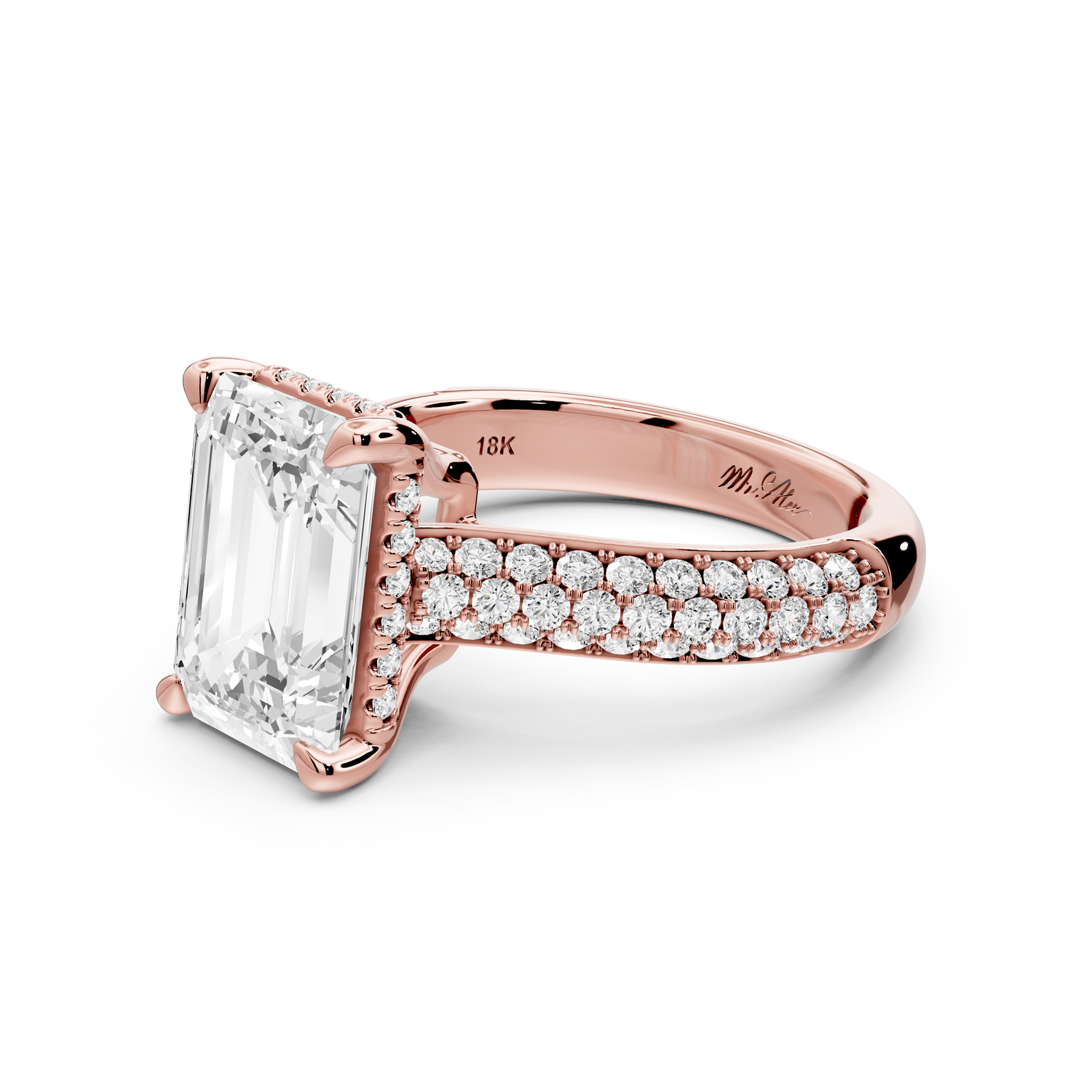Camille - 3ct 14k rose gold emerald Diamond hidden halo rollover pave cathedral Engagement ring