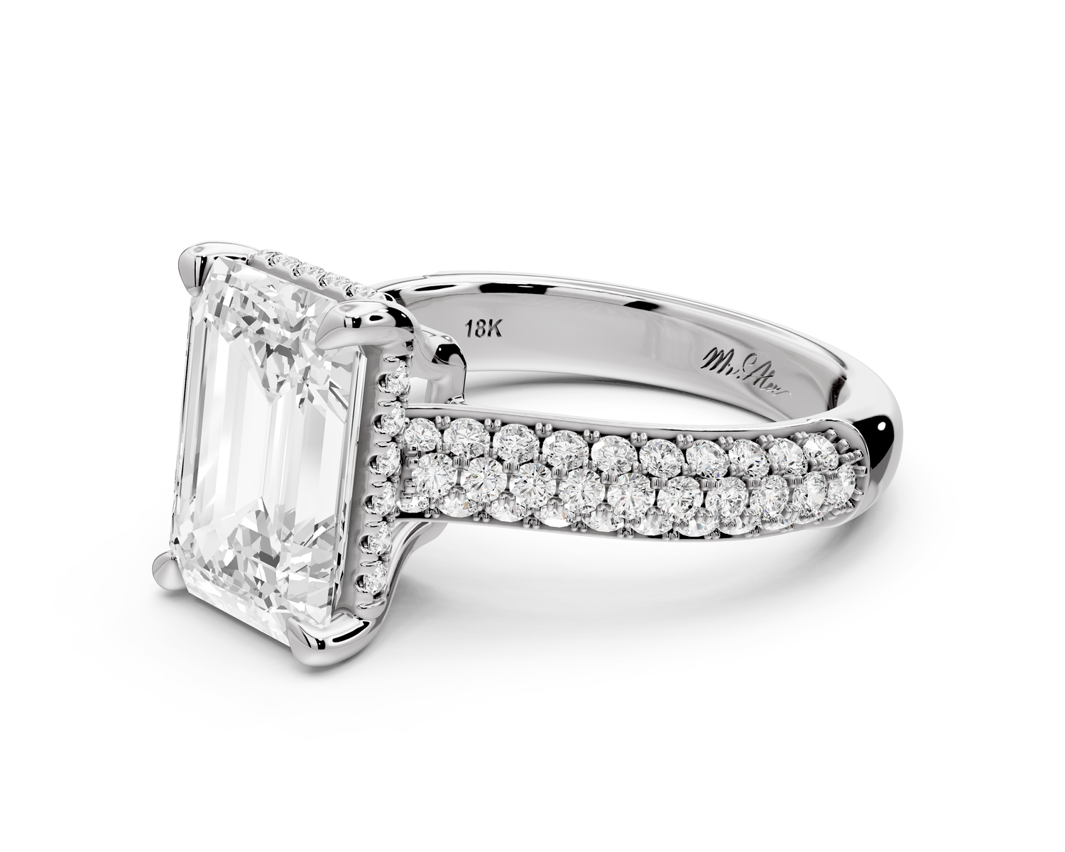 Camille - 3ct 14k white gold emerald Diamond hidden halo rollover pave cathedral Engagement ring