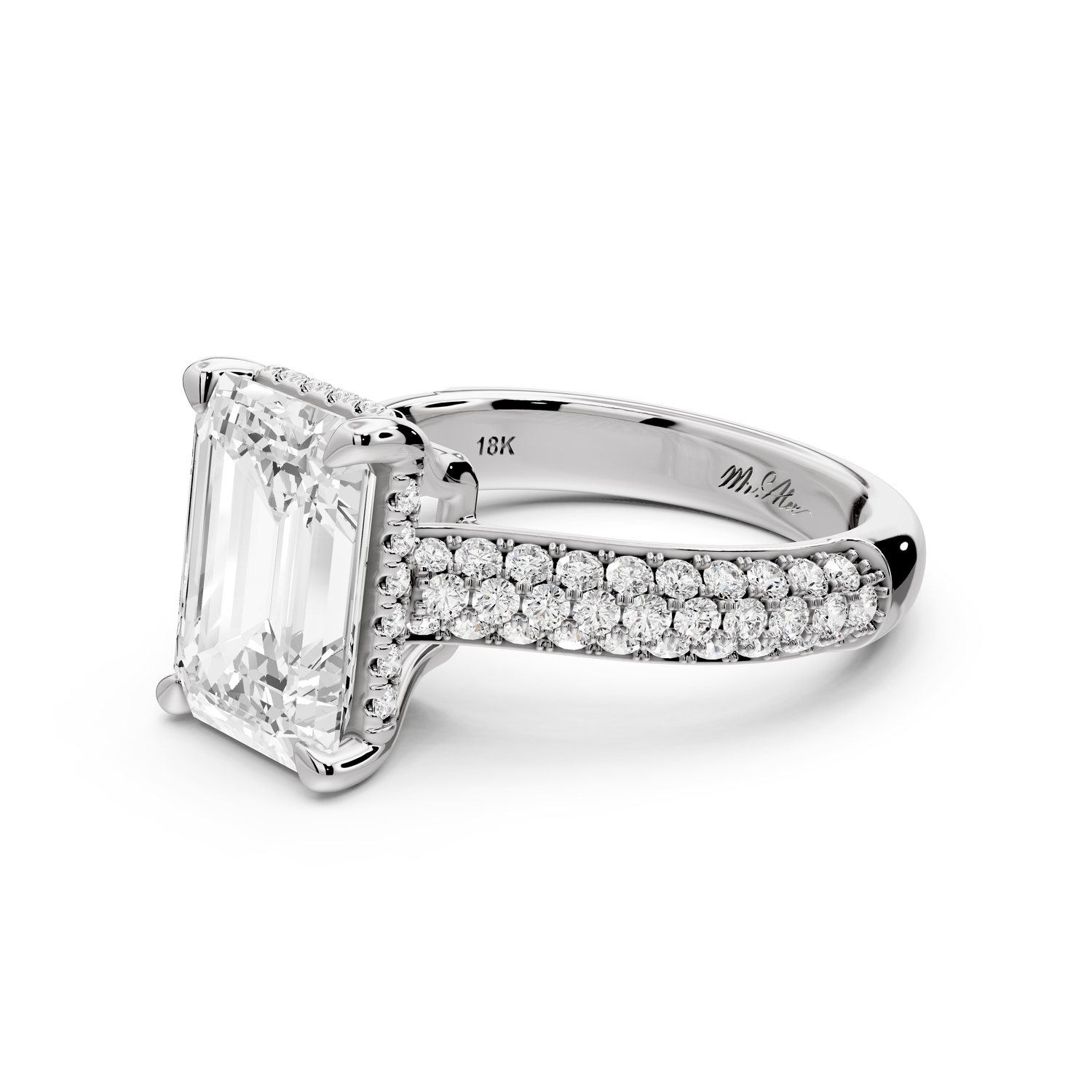 Camille - 3ct 14k white gold emerald Diamond hidden halo rollover pave cathedral Engagement ring