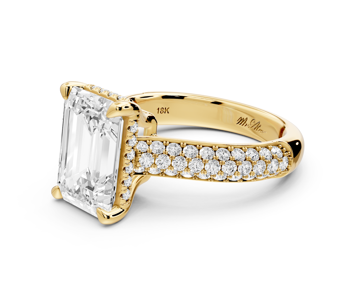 Camille - 3ct 14k yellow gold emerald Diamond hidden halo rollover pave cathedral Engagement ring