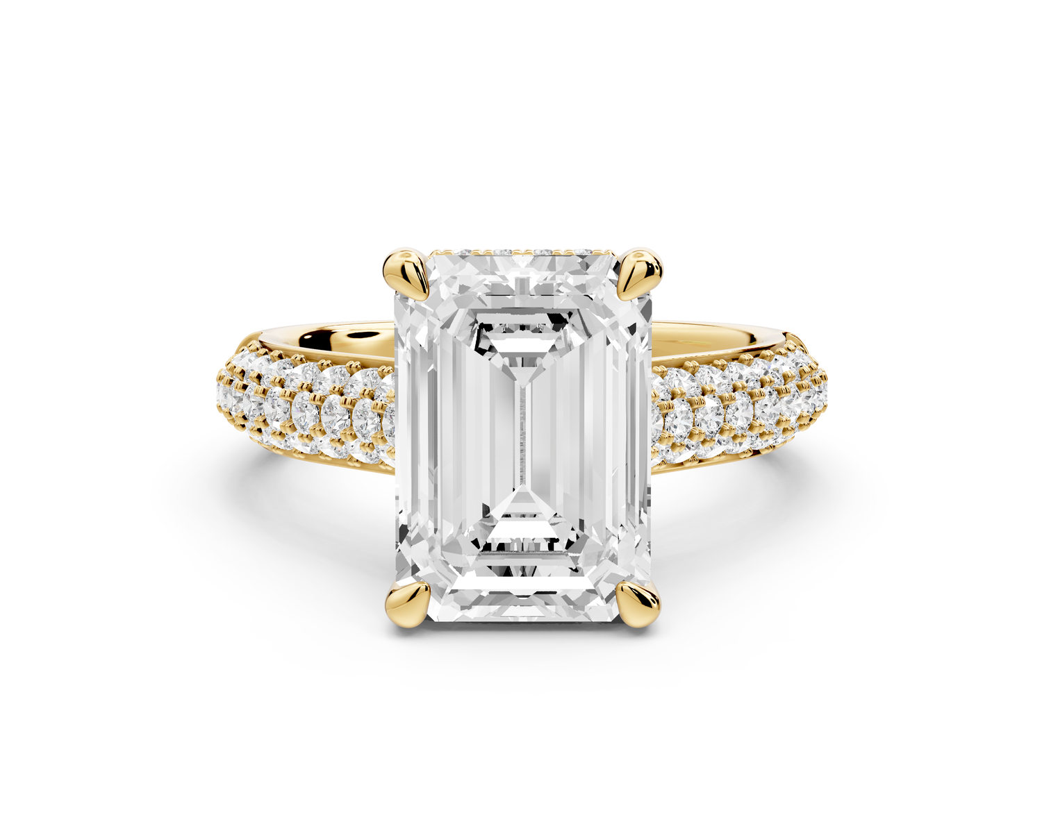 Camille - 3ct 14k yellow gold emerald Diamond hidden halo rollover pave cathedral Engagement ring