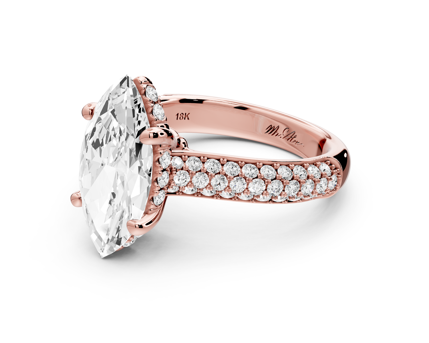 Camille - 3ct 14k rose gold marquise Diamond hidden halo rollover pave cathedral engagement ring