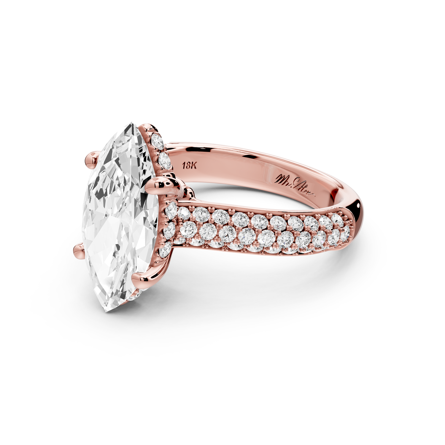 Camille - 3ct 14k rose gold marquise Diamond hidden halo rollover pave cathedral engagement ring